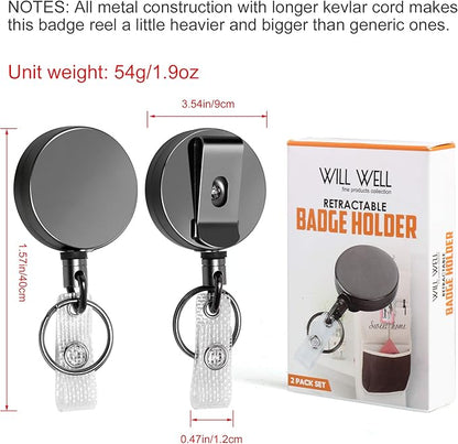 Will Well ID Badge Holder Reel with Clip and Keyring - Heavy-Duty All-Metal Casing with 27.5" UHMWPE Fiber Pull Cord for Durability and Easy Access, Holds up to 8 Keys - 4-Pack, Round, Glossy Black