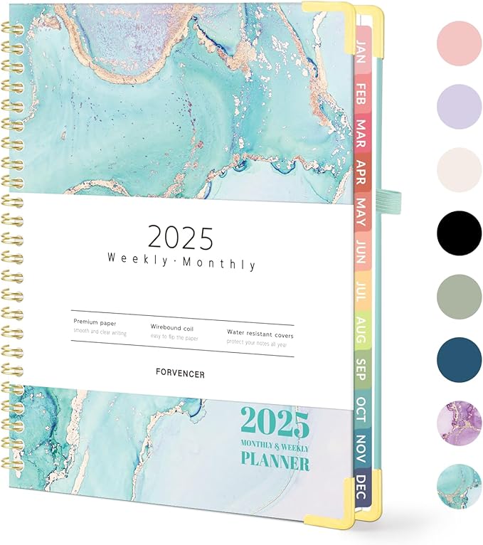 Forvencer 2025 Planner, Hardcover Weekly and Monthly Planner, January 2025 - December 2025, 6" x 8", Spiral Calendar Planner with Tabs, Exquisite Daily Organizer Notebook with Inner Pocket, Agenda Journal for Office Home School, A5 Size, Teal Marble