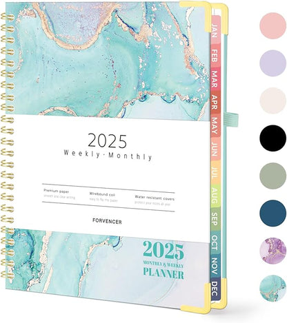 Forvencer 2025 Planner, Hardcover Weekly and Monthly Planner, January 2025 - December 2025, 6" x 8", Spiral Calendar Planner with Tabs, Exquisite Daily Organizer Notebook with Inner Pocket, Agenda Journal for Office Home School, A5 Size, Teal Marble