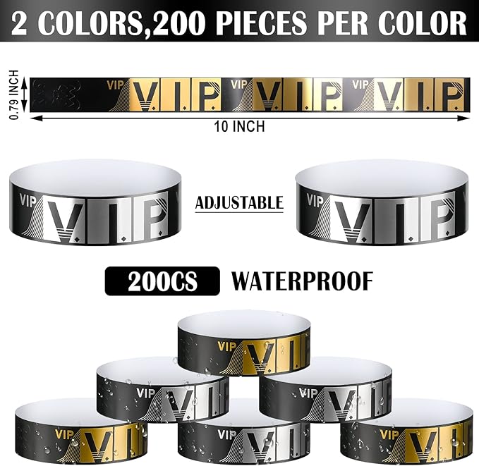 200 Pack VIP Wristbands for Events VIP Bracelets Paper Waterproof Party Wristbands for Events Amusement Parks Concerts Fairs Festivals, 0.79 x 10 Inch(Gold, Silver)