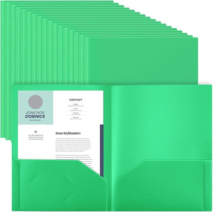 Gueevin 50 Pcs Plastic Folders with Pockets, Two Pocket Folder Fit Letter Size, Heavy Duty School Business Card Holder for Home Office School Bussiness, 11.61 x 9.45 Inches (Green)