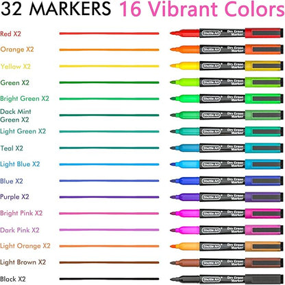 Shuttle Art Dry Erase Markers, 32 Pack 16 Colors Magnetic Whiteboard Markers with Erase, Fine Point Dry Erase Markers Perfect For Writing on Whiteboards,Mirrors for School Office Home