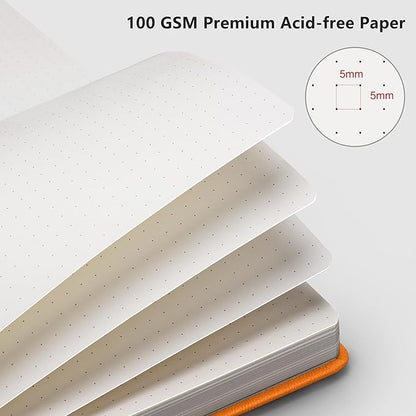 RETTACY Bullet Dotted Journal, A5 Dotted Notebook Journal with 192 Pages, 5.7'' × 8.3'', Medium Size, 100 GSM Thick Paper, Leather Hardcover, Bullet Journaling, Planning (Orange)