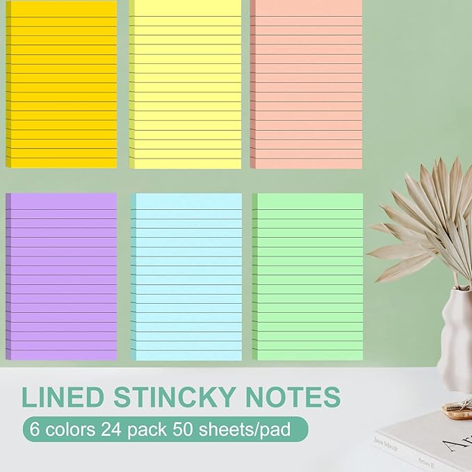 24 Pack Lined Sticky Notes 4X6 in Self Sticky Note Pads Colorful Post Stickies for Office, Home, School, Meeting, 50 Sheets/pad, (Light Color)