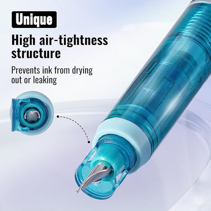 WRITECH Clictek Fountain Pen Set: Retractable Style Blue Ink Medium Nib Transparent Barrel, Includes 5 Ink Cartridges for Gift Set, Smooth Writing No Leaking