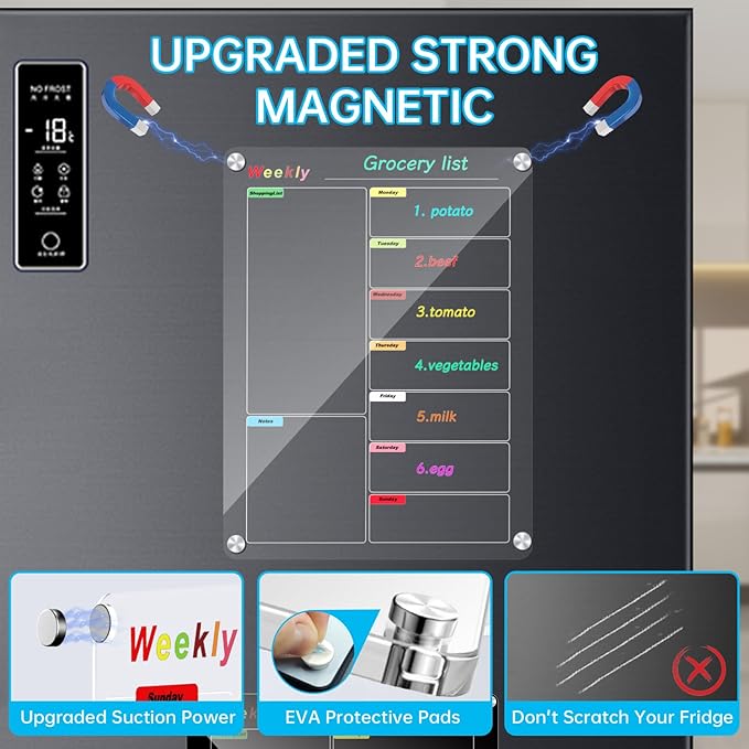 Fridge Calendar Meal Planning Board, Dry Erase Acrylic Magnetic Monthly Weekly Calendar Planner for Refrigerator with 6 Colors Markers (Transparent-Weekly(15.7x11.8"))