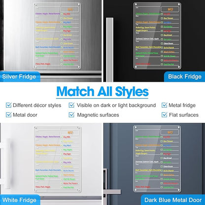 Acrylic Meal Planner Magnetic Menu Board for Kitchen Fridge Planning Board to Do List Shopping List Grocery List w/ 8 Markers, Clear Weekly Calendar for Refrigerator Dry Erase Board, 12x9’’