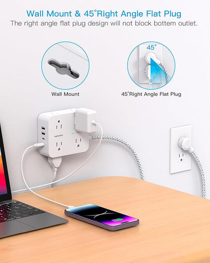 Extension Cord 20 Ft, Power Strip Surge Protector with 8 Outlets 4 USB Ports(2 USB C), Long Cord, Flat Plug, Wall Mount, Desk USB Charging Station for Home Office Essentials
