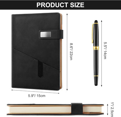 A5 Lined Leather Journal with Pen, 240 Pages Refillable Hardcover Notebook with Pocket and Magnetic Buckle, 80gsm Thick Daily Diary for Men and Women, Great Gift for Business Travel Personal - Black