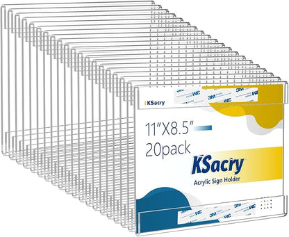 20 Pcs Acrylic Sign Holder 11 x 8.5, Horizontal Wall Mount Sign Holders with 3M Adhesive, Clear Plastic Frames Paper Display Sign Holders for Office, Home, Store, Restaurant - No Drilling