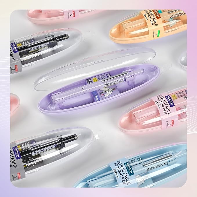 WRITECH Fountain Pen Fine Nib: Black Ink Retractable Pen Set Includes 5 Ink Cartridges Smooth Writing No leaking for Gift (Blue)