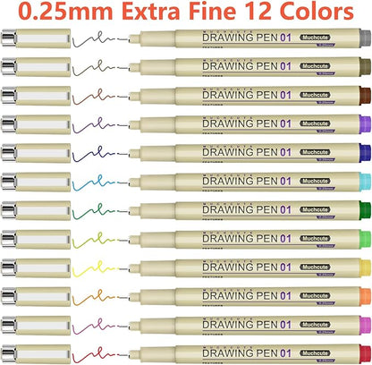 Muchcute Micro Fineliner Drawing Art Pens: 20 Set (12 Colors & 8 Black) Extra Fine Line Waterproof Ink Artist Supplies Archival Inking Ultra Thin Markers Sketch Sketching Watercolor Zentangle Stuff
