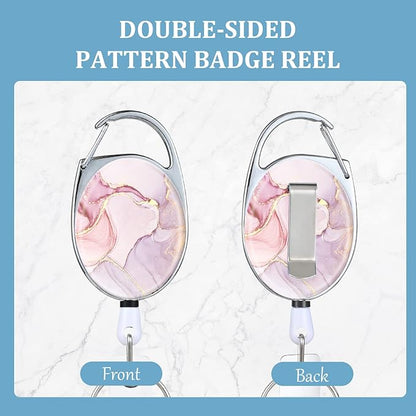 Badge Reels Retractable，Double Sided Color Print Pattern Badge Holders，with Keychain, Clip and Key Ring，Durable Nylon Rope，Pink Marble