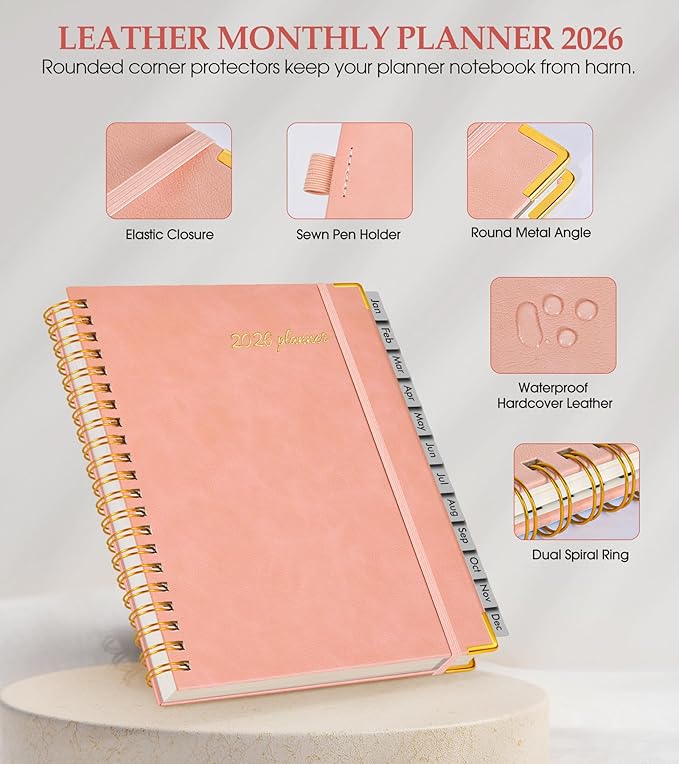 2026 Planner, Weekly and Monthly Calendar Planner from January 2026 - December 2026, 8.5" x 11" Hardcover Leather Hourly Appointment Book with Tabs, Spiral Daily Planners for College School Work Home, Pink