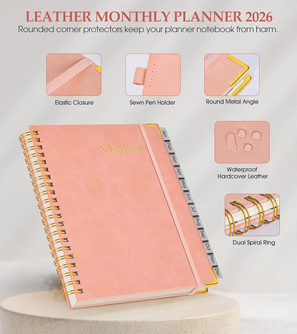 2026 Planner, Weekly and Monthly Calendar Planner from January 2026 - December 2026, 8.5" x 11" Hardcover Leather Hourly Appointment Book with Tabs, Spiral Daily Planners for College School Work Home, Pink