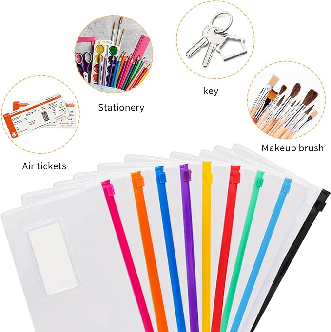 EOOUT 32pcs Poly Zip Envelope, Reusable Envelopes, Pencil Case Bulk, Bill Bag, 9'' x 4.7'', A6 Size, 10 Colors, for Cash School and Office Supplies