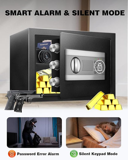 1.8 Cu Home Safe Box, Durable Digital Safe with Movable Partition, Smart Alarm, Silent Keypad Mode, and Motion Sensor Lights for Home, Office, Dorm, and Hotel Use