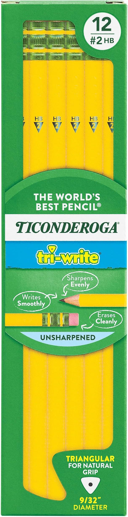Ticonderoga Tri-Write Wood-Cased Pencils, 2HB Soft, Yellow, 12 Count