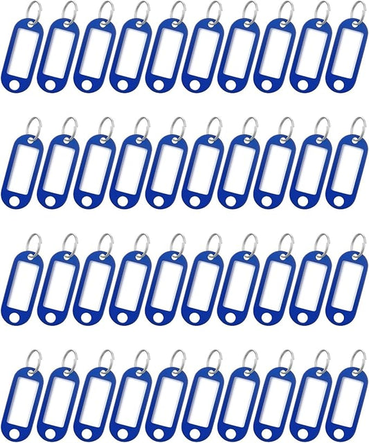 Uniclife 40 Pieces Key Tags 2 Inch Soft Plastic Key Chain Tags with Blank Paper Labels Clear Windows Protective Films and Split Rings Flexible Item Identifiers, Blue