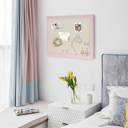 Large Cork Board with Linen, 36" x 24" Hanging Pink Wood Framed Bulletin Board, Picture Display Vision Board Corkboards for Wall Room School Office Decor, 10 Pushpins, 1 Pack