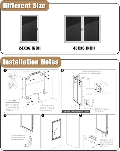 36"x24" Enclosed Bulletin Board, Outdoor Lockable Weather-Resistant Aluminum Cork Noticeboard for School & Office, Silver Frame w/Black Flet