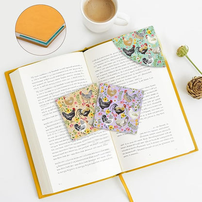 Farm Chicken Rooster Corner Bookmarks, Cute Leather Book Accessories for Book Lovers, 3 Pcs Reading Book Page Markers for Women Men Student Teacher Girls Boys Kids Retirement Birthday Gifts