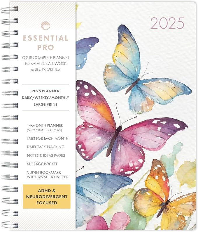 Essential PRO 2025 Daily, Weekly & Monthly Planner, 7"x9": 14 Months (Nov 2024 - Dec 2025) Monthly Tabs,Daily Tracking,Notes Pages,Storage Pocket,Bookmark w Sticky Notes (Watercolor Butterflies)