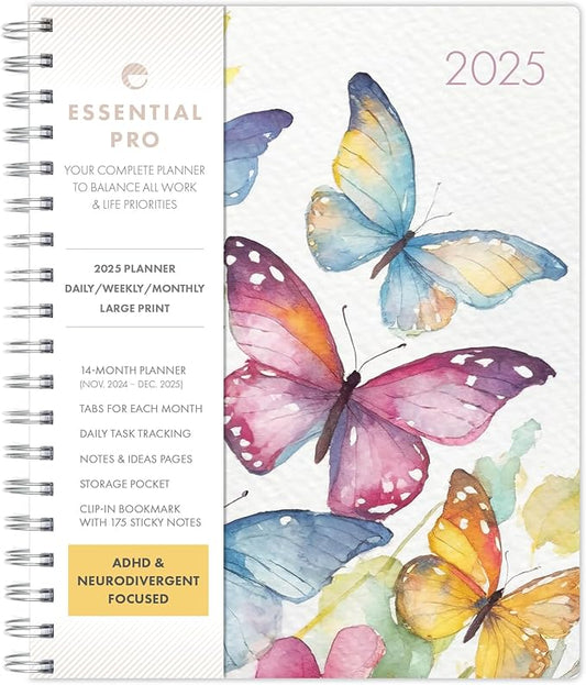 Essential PRO 2025 Daily, Weekly & Monthly Planner, 7"x9": 14 Months (Nov 2024 - Dec 2025) Monthly Tabs,Daily Tracking,Notes Pages,Storage Pocket,Bookmark w Sticky Notes (Watercolor Butterflies)
