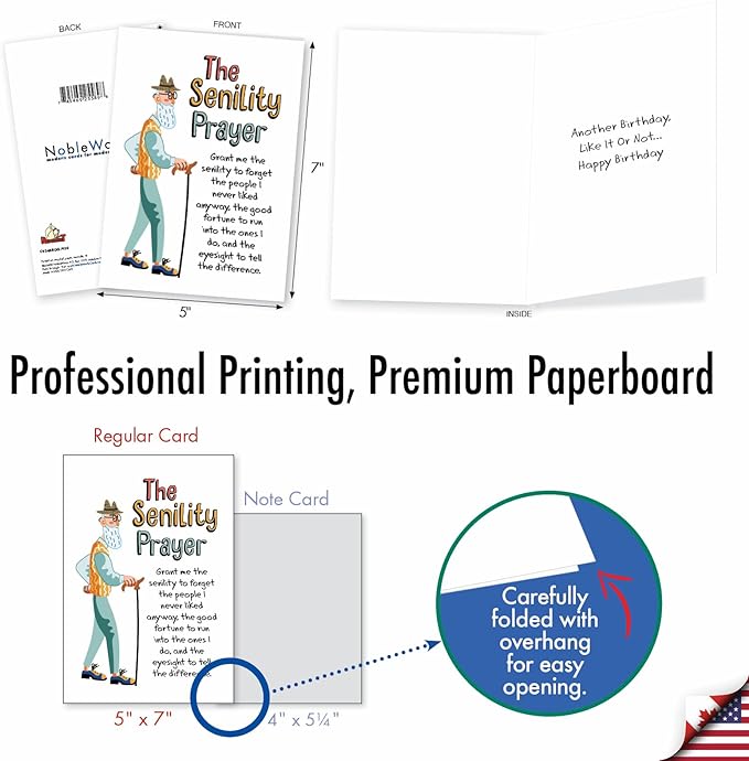 NobleWorks - 1 Funny Happy Birthday Notecard - Old Man Humor Greeting Card with Envelope - Man's Senility Prayer C9348BDG