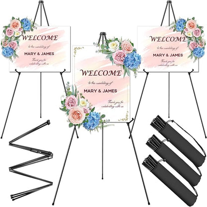 AROIC 63" Easel Stand for Display, 3 Pack Portable Foldable Metal Easel, Easels for Signs Wedding Logos,Arts, Painting,Adjustable Floor Easels with 3 Storage Bag