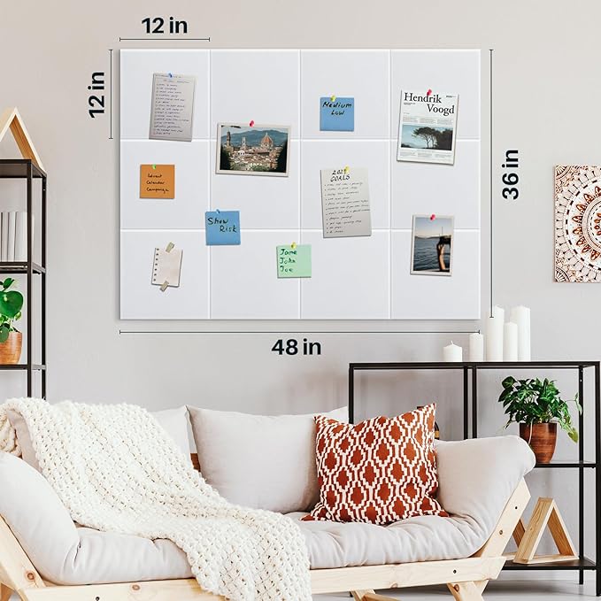 DOLLAR BOSS Large Cork Board for Wall 48" x 36" x 0.5" Bulletin Board 12 Packs Black Cork Board Tiles Self Adhesive Felt Wall Tiles with Pushpins, Corkboard for Office Pin Board Tack Board, White