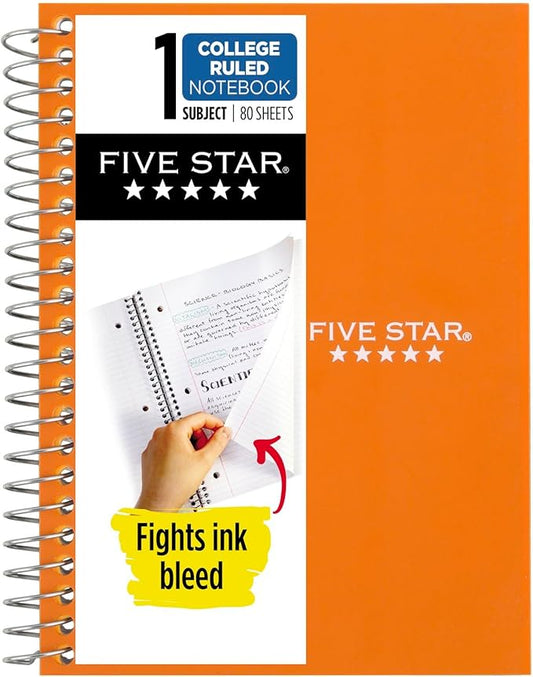 Five Star Spiral Notebook, 1 Subject, College Ruled Paper, 7" x 4-3/8", Personal Size, 80 Sheets, Orange (450048CD1-ECM)