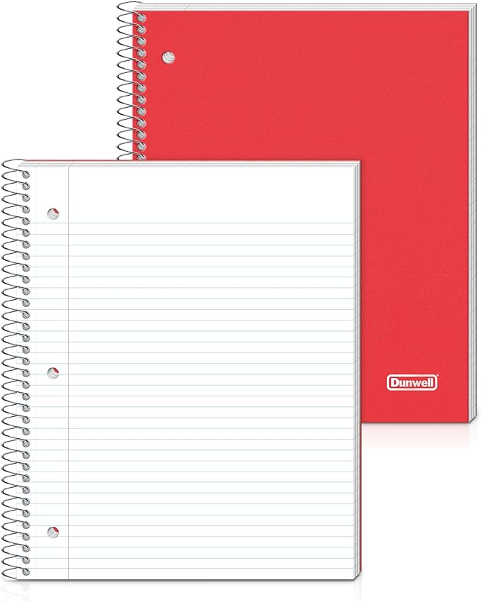 Dunwell 3 Subject Notebook College Ruled (Red), 150 Sheets (300 Pages), Spiral Notebook 8.5 x 11, Plastic Cover, 3 Pocket Divider Folders, 3-Hole Punched Perforated Paper