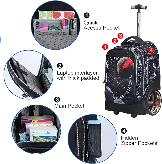 UNIKER Rolling Backpack without Straps for Boys, Roller Travel Bag,Wheeled Bookbag High School,Trolley Middle School Bag for Teens,Schoolbag with Wheels