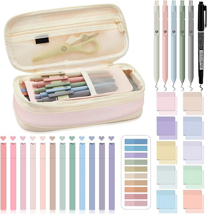 Jutom 39 Pcs Aesthetic Book Annotation Kit Pencil Case Bag with Highlighter Gel Pen 700 Sheets Transparent Sticky Notes Pads Index Tab Bible Study Supplies for School(Pink,Cute Style)