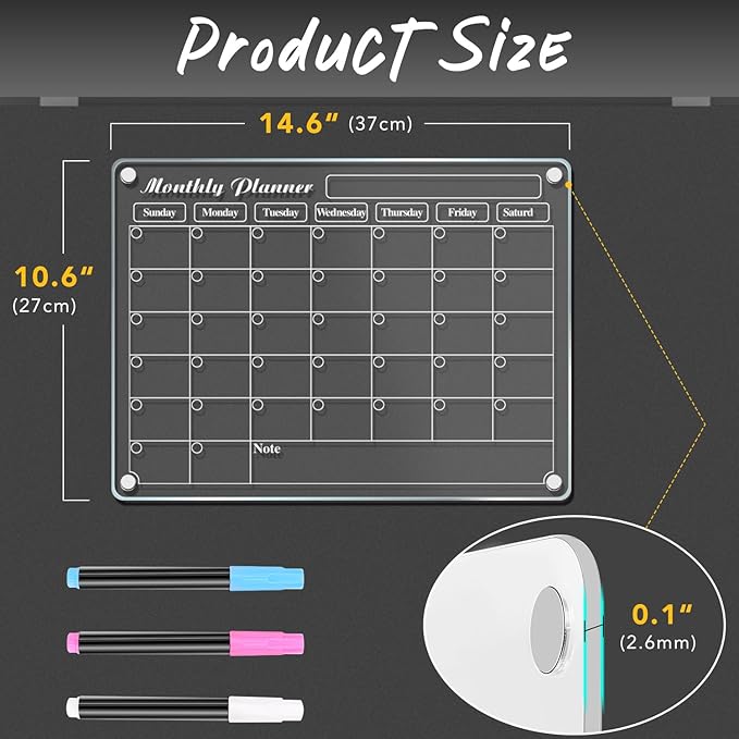 DIYMAG Acrylic Magnetic Dry Erase Calendar for Fridge, Clear Acrylic Calendar Planning Board Magnetic Monthly Planner Menu for Refrigerator with 3 Highlight Markers