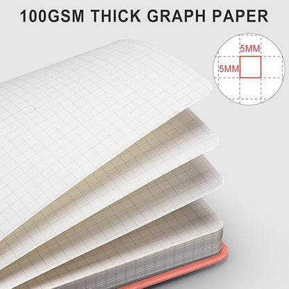 AHGXG Graph Paper Notebook - 320 Pages Grid Notebook Thick Journal A5, 100gsm Thick Graph Paper, Leather Hardcover, Inner Pocket,5.75'' × 8.38''- Pink