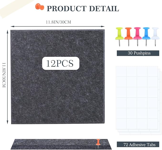 Cork Board 48 x 36, 12 Pack Bulletin Boards for Walls, Large Felt Wall Tiles with Pushpin, Noise Reduction Alternative Cork Board for Office Wall(Gray Black)
