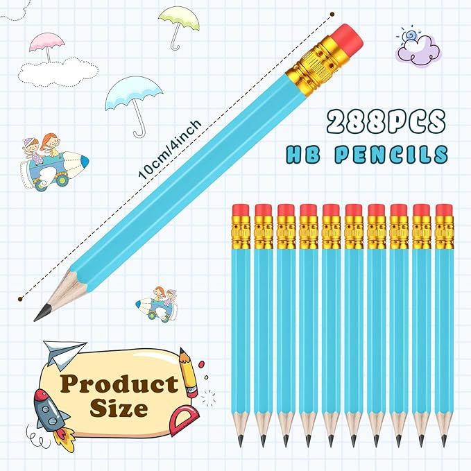 Chivao 288 Pieces Golf Mini Pencils Bulk with Eraser #2 HB Golf Short Pre Sharpened Pencils for Party Favors Office Supplies 4 Inch(Light Blue)