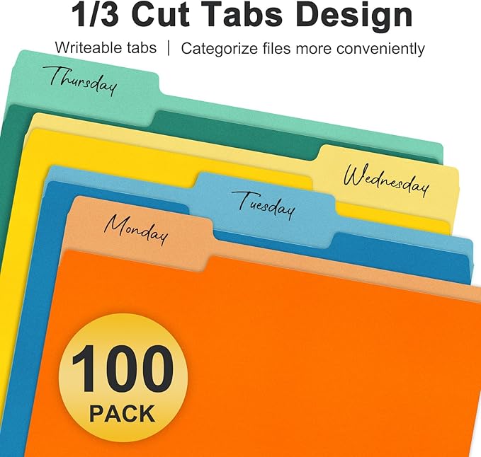 ViVin File Folder, 100 Pack Colored File Folders with 1/3-Cut Tabs, Fits 8.5 * 11 Letter Size Paper, Manilla Folders for Home Office School Documents(Multicolored)