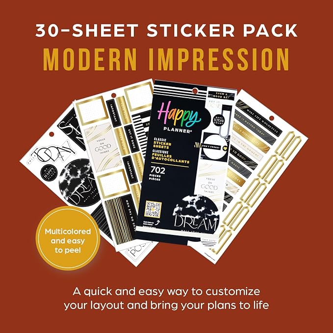 Happy Planner Sticker Pack for Calendars, Journals, and Planners, Easy-Peel Stickers and Scrapbook Accessories, Classic Size, Modern Impression, 30 Sheets, 702 Total Stickers
