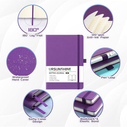 Dotted Journal/Notebook - Dot Grid Hard Cover Notebook, Premium Thick Paper with Fine Inner Pocket, Black Smooth Faux Leather, Pen Loop, 5.3'' x 8.26'' - Purple