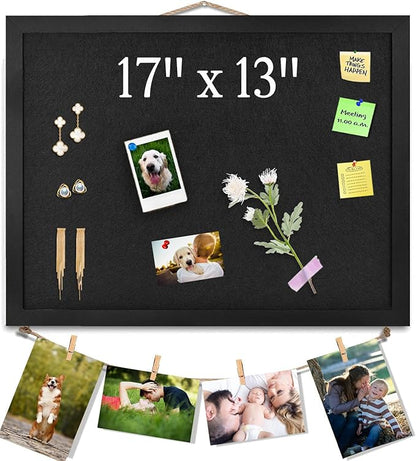 Black Bulletin Boards Cork Board with Felt, 17"x13" Small Display Pin Board Vision Board for Walls, Jewelry, Notes, Collection, Photos, Office, Wood Framed(Black) & Felt(Black), 1pc