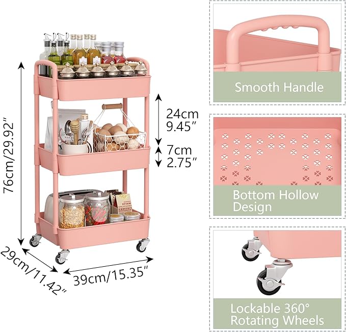 Sywhitta 3-Tier Plastic Rolling Utility Cart with Handle, Multi-Functional Storage Trolley for Office, Living Room, Kitchen, Movable Storage Organizer with Wheels, Pink