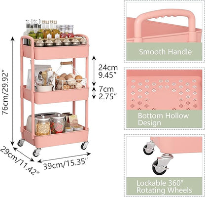 Sywhitta 3-Tier Plastic Rolling Utility Cart with Handle, Multi-Functional Storage Trolley for Office, Living Room, Kitchen, Movable Storage Organizer with Wheels, Pink