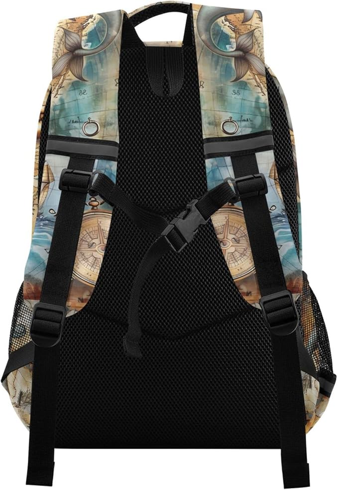 senya Travel Backpack Carry On Bookbags Sailboat Nautical Map Bagpack with Reflective Strip and Mesh Side Pockets