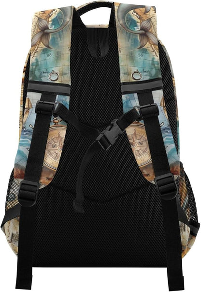 senya Travel Backpack Carry On Bookbags Sailboat Nautical Map Bagpack with Reflective Strip and Mesh Side Pockets