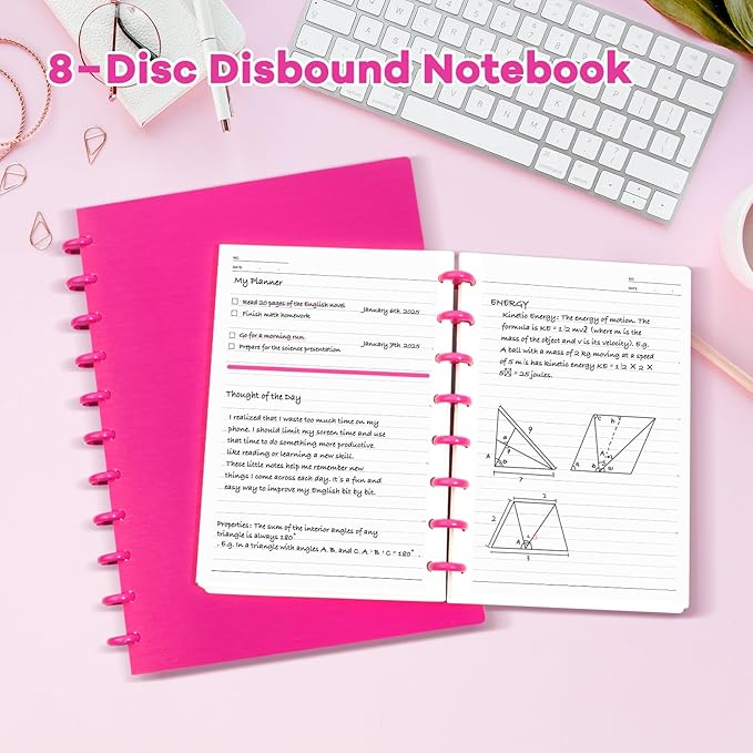 Discbound Notebook, 8-Disc Disbound Planner with Removable Pages, 180 Pages Spiral Notebook, Poly Cover Discbound Planner for Work, Travel, Note Taking(With Index Sticker),Rose Red,A5