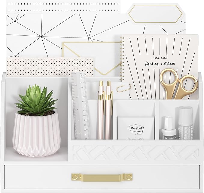 Bamboo Desk Organizer with Drawers, Mail Organizer Countertop Wood Desk Drawer Tabletop Storage Organization Pen Holder Letter Sorter Makeup Organizer for School Home Office (White)