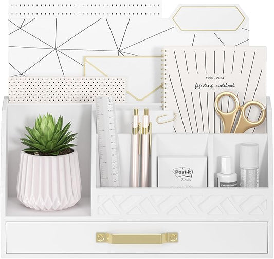 Bamboo Desk Organizer with Drawers, Mail Organizer Countertop Wood Desk Drawer Tabletop Storage Organization Pen Holder Letter Sorter Makeup Organizer for School Home Office (White)